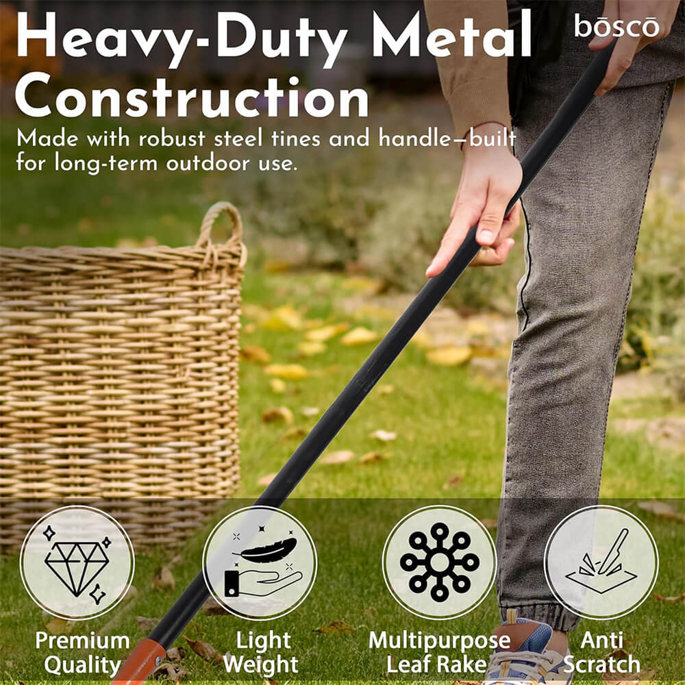 Heavy-Duty Garden Rake with Steel Teeth – 60 Inch Fixed Handle Non-Telescopic Leaf Rake for Lawn, Yard & Garden Cleanup – Durable Metal Construction, Rust-Resistant. Visit the BOSCO Store