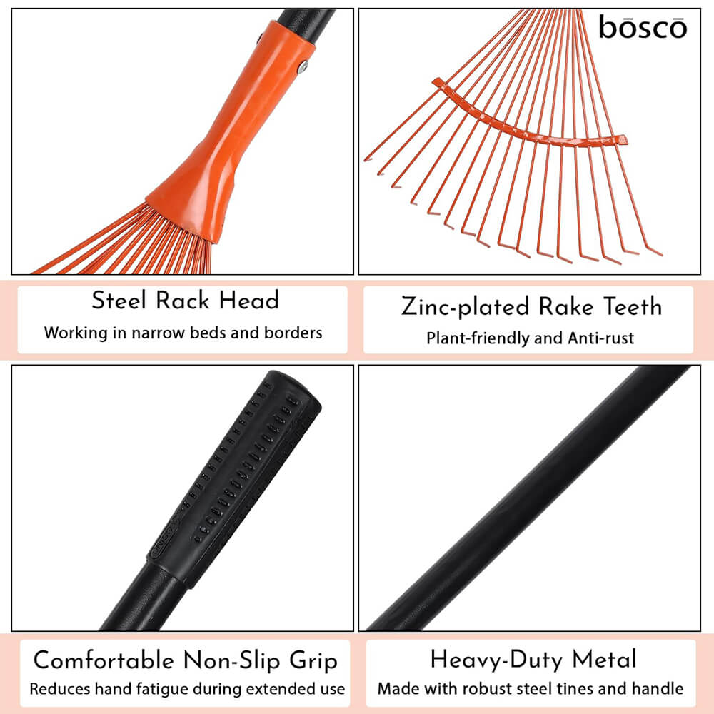 Heavy-Duty Garden Rake with Steel Teeth – 60 Inch Fixed Handle Non-Telescopic Leaf Rake for Lawn, Yard & Garden Cleanup – Durable Metal Construction, Rust-Resistant. Visit the BOSCO Store