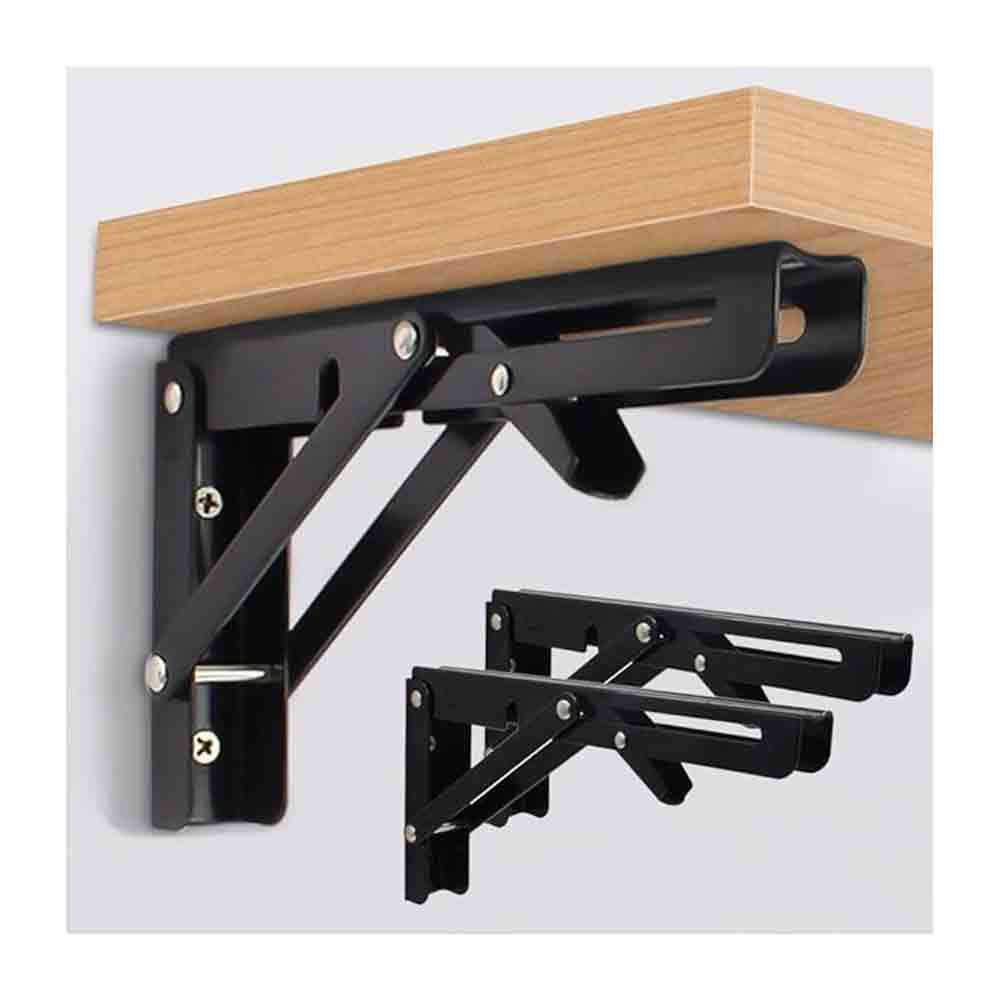 Heavy Duty Folding Shelf Brackets – 16 Inch Wall Mounted Collapsible Brackets for Workbench, Table, Shelf – Stainless Steel, Black Finish, 150–200 lbs Load Capacity – Space Saving Hinge Pair