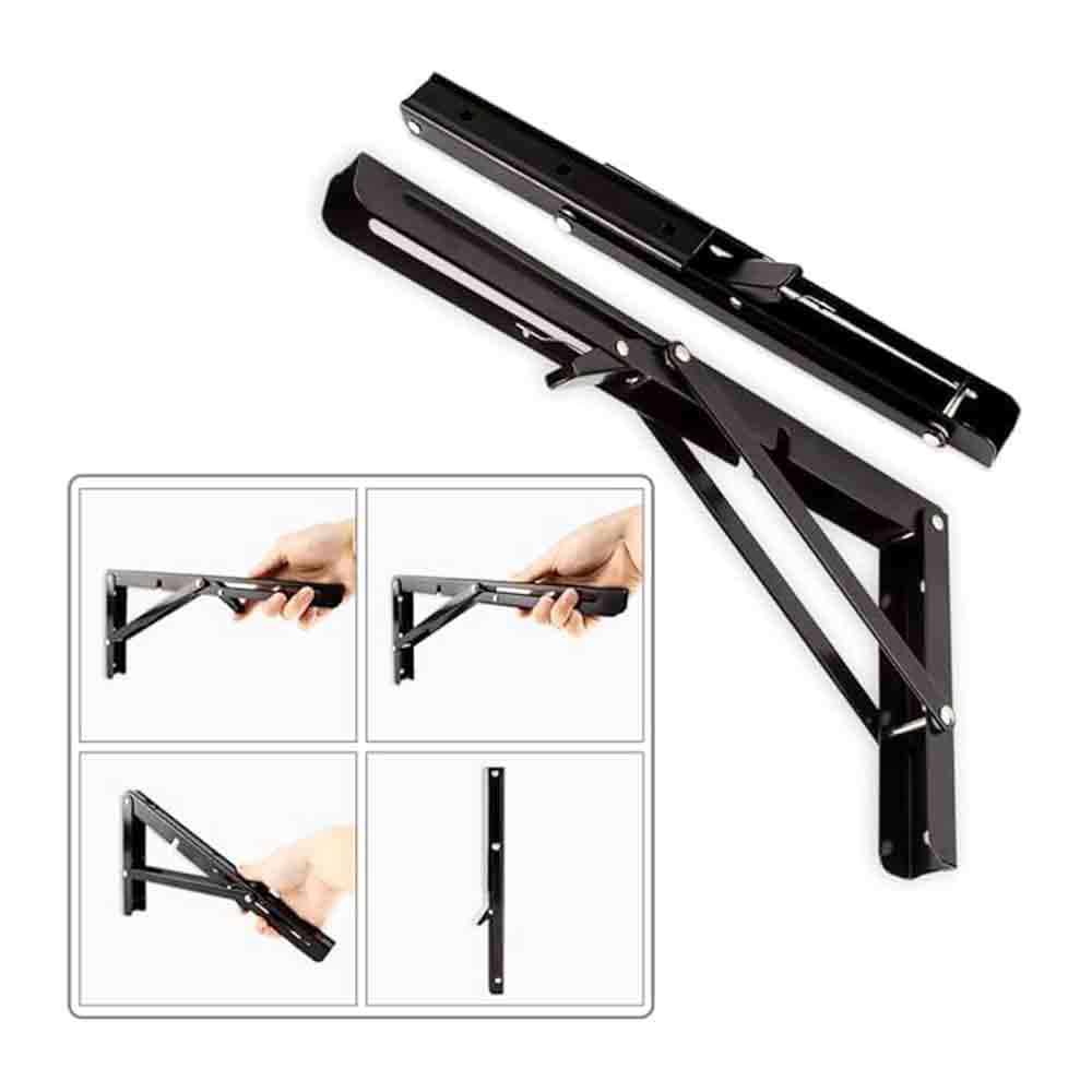 Heavy Duty Folding Shelf Brackets – 16 Inch Wall Mounted Collapsible Brackets for Workbench, Table, Shelf – Stainless Steel, Black Finish, 150–200 lbs Load Capacity – Space Saving Hinge Pair