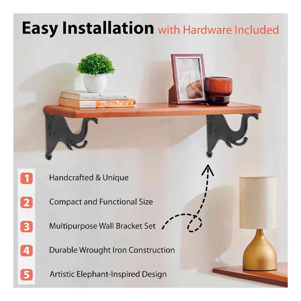 Designer Elephant Metal Wall Bracket Set of 2 – 4.5 x 5.5 Inch Iron Multipurpose L Brackets with Fittings – Black Wall Hooks for Hanging Pots, Shelves, Keys, Coats, Decor – Indoor