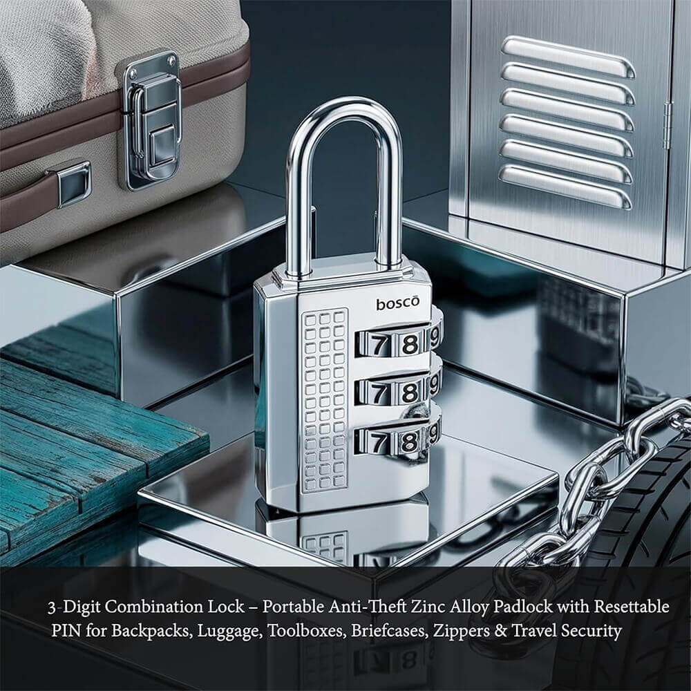3-Digit Combination Lock – Portable Anti-Theft Zinc Alloy Padlock with Resettable PIN for Backpacks, Luggage, Toolboxes, Briefcases, Zippers & Travel Security (Silver, Set of 1)