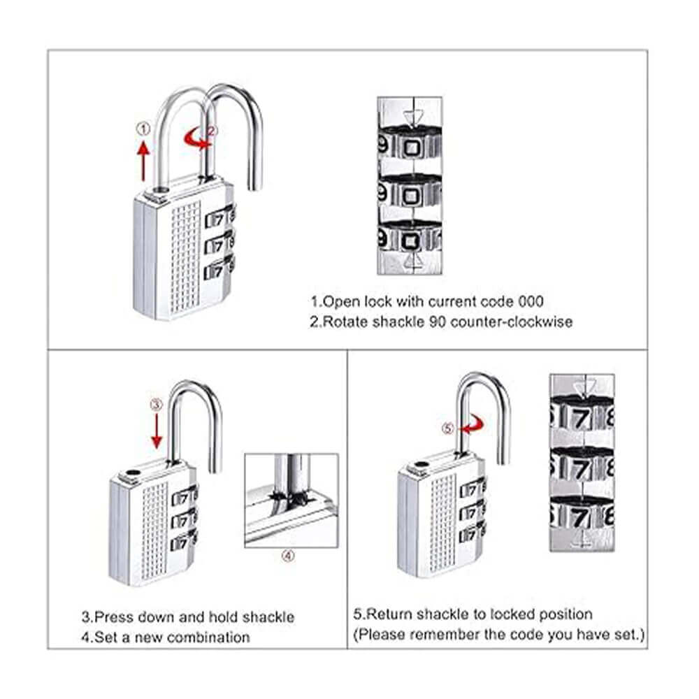 3-Digit Combination Lock – Portable Anti-Theft Zinc Alloy Padlock with Resettable PIN for Backpacks, Luggage, Toolboxes, Briefcases, Zippers & Travel Security (Silver, Set of 1)