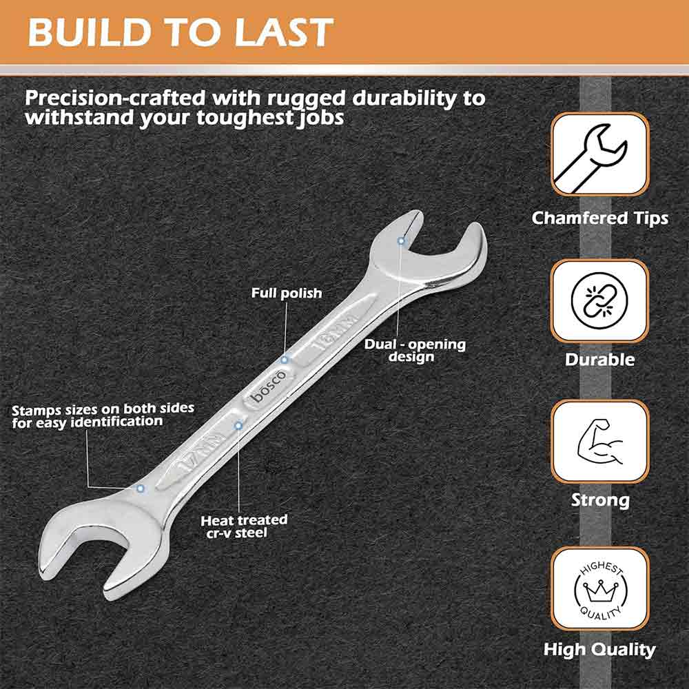 8-Piece Double Open-End Jaw Spanner Wrench Set |Carbon Steel with Chrome Plating & Satin Finish | Anti-Corrosion, Rust-Resistant, Ergonomic Spanners for Automotive, Plumbing, Home & DIY Repairs