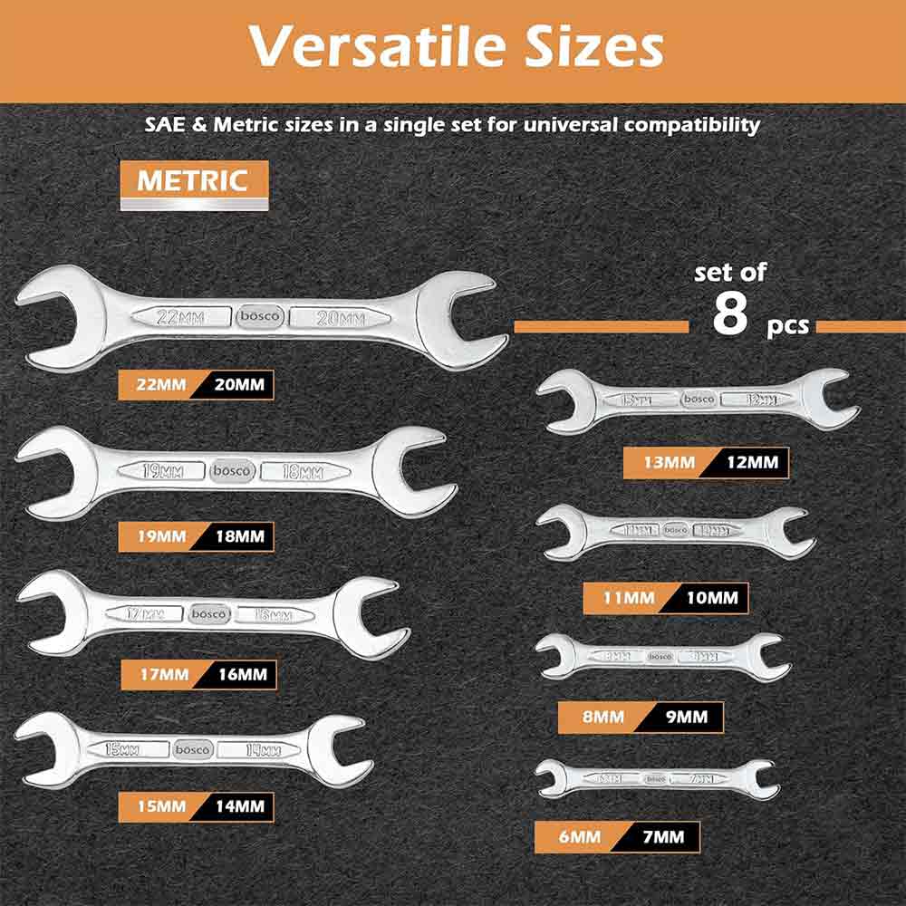8-Piece Double Open-End Jaw Spanner Wrench Set |Carbon Steel with Chrome Plating & Satin Finish | Anti-Corrosion, Rust-Resistant, Ergonomic Spanners for Automotive, Plumbing, Home & DIY Repairs