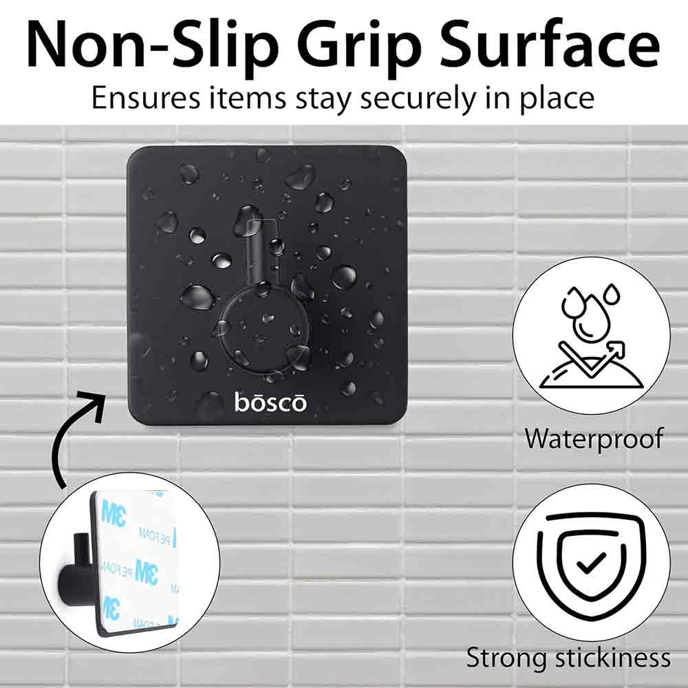 Pack of 4 Steel Self Adhesive Hooks for Wall | Heavy Duty Strong Sticker Hooks for Bathroom, Kitchen, Bedroom & Door | No Drill Wall Hooks – Holds Up to 3 kg – Black Finish