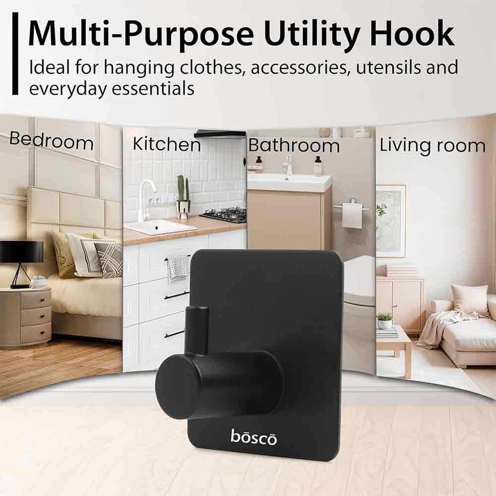 Pack of 4 Steel Self Adhesive Hooks for Wall | Heavy Duty Strong Sticker Hooks for Bathroom, Kitchen, Bedroom & Door | No Drill Wall Hooks – Holds Up to 3 kg – Black Finish