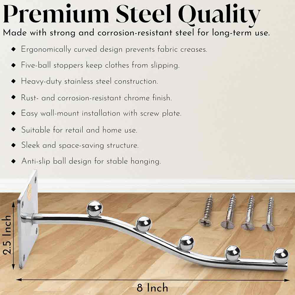 Beads Stainless Steel Heavy Duty Wall Mount Hook – 5 Ball Pin Dots Wall Drope Hanger with Hardware Fittings – Rustproof Multipurpose Organizer Rack for Home, Shop & Hotel – Pack of 2 (Steel)