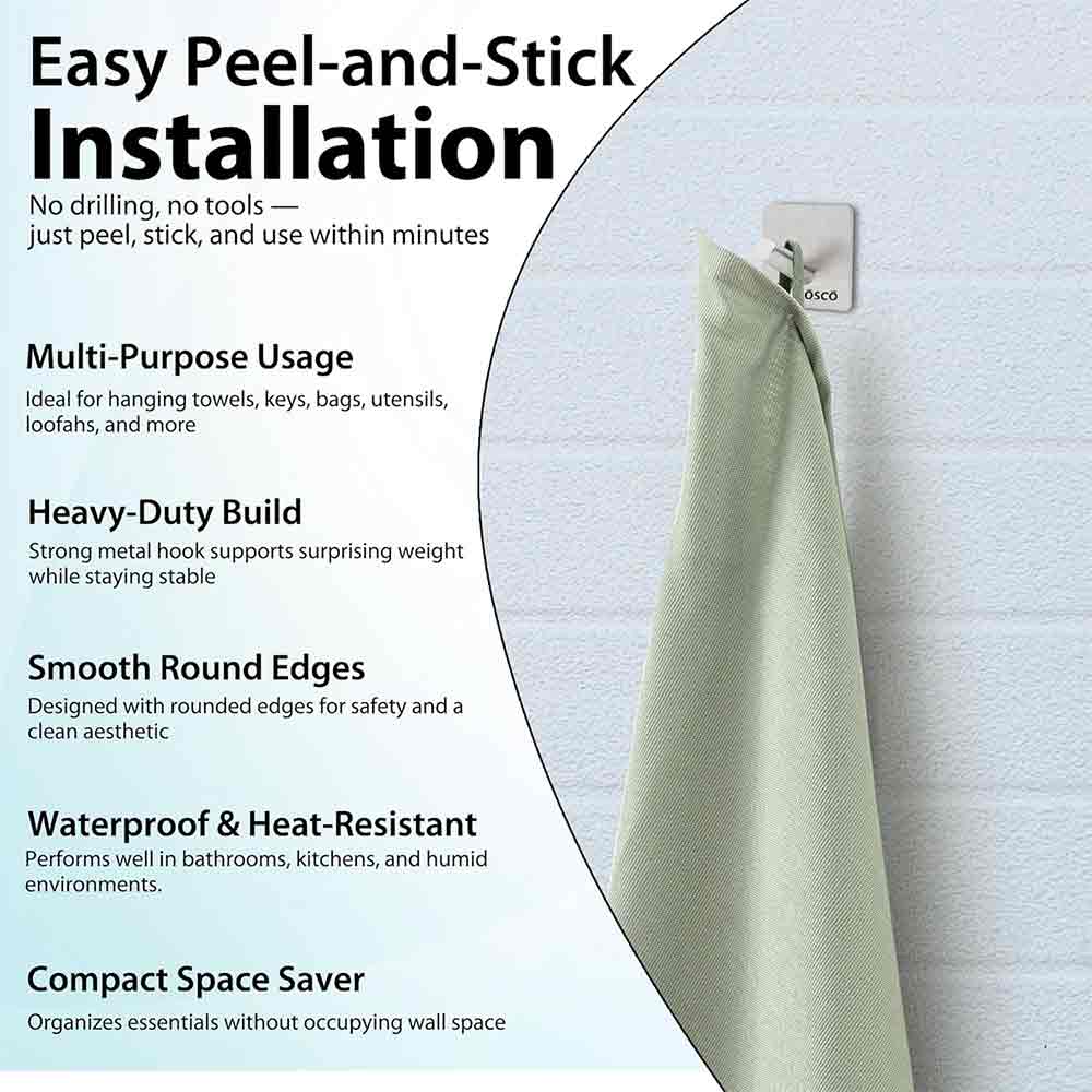 Pack of 4 Steel Self Adhesive Hooks for Wall | Heavy-Duty No-Drill Wall Hooks for Bathroom, Kitchen, Door & Bedroom | Rustproof, Waterproof – Holds Up to 3 kg – Silver Finish