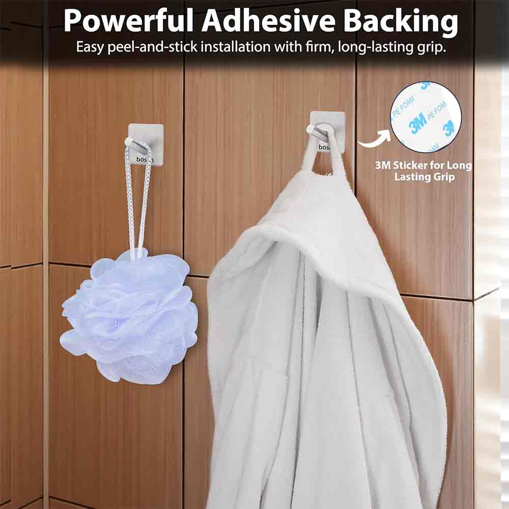 Pack of 4 Steel Self Adhesive Hooks for Wall | Heavy-Duty No-Drill Wall Hooks for Bathroom, Kitchen, Door & Bedroom | Rustproof, Waterproof – Holds Up to 3 kg – Silver Finish