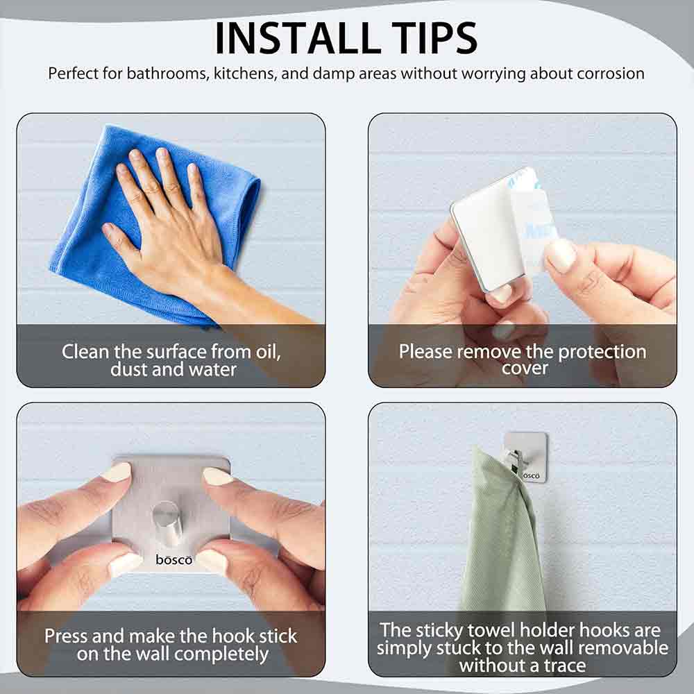 Pack of 4 Steel Self Adhesive Hooks for Wall | Heavy-Duty No-Drill Wall Hooks for Bathroom, Kitchen, Door & Bedroom | Rustproof, Waterproof – Holds Up to 3 kg – Silver Finish
