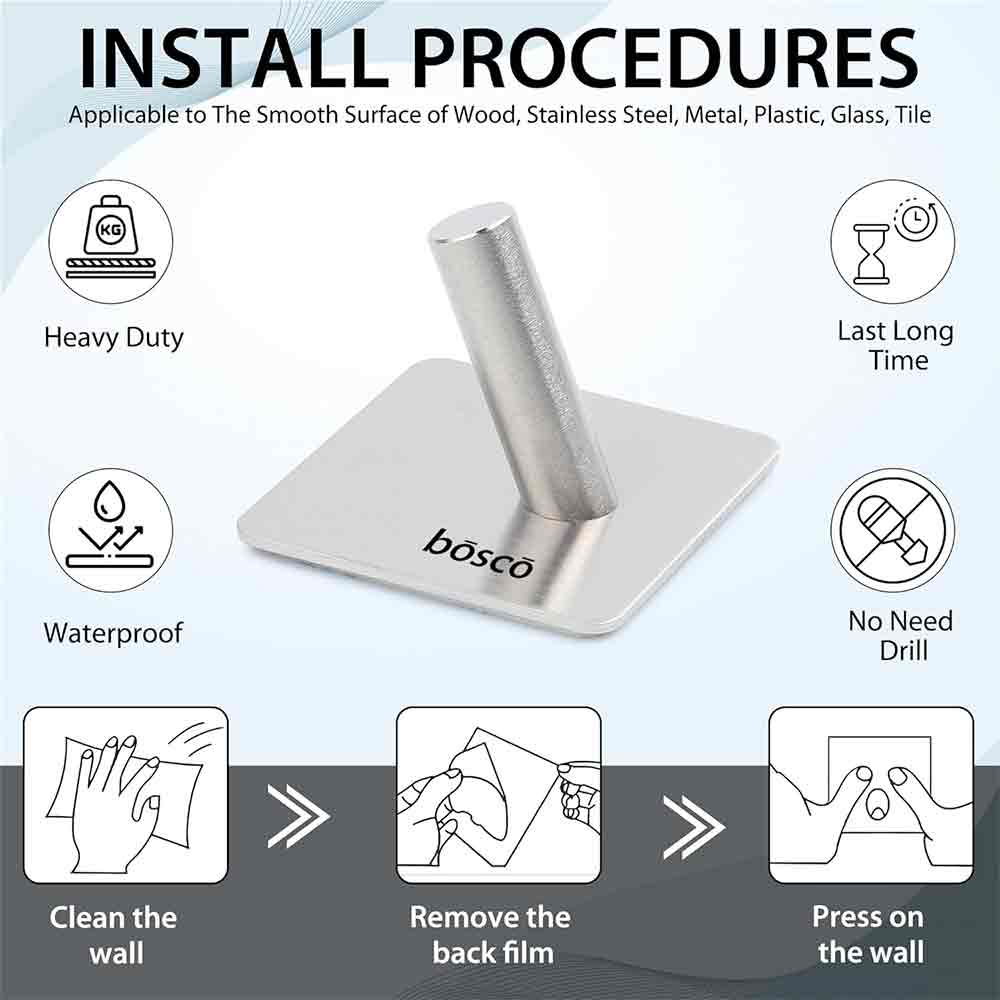 Pack of 4 Steel Self Adhesive Hooks for Wall | Heavy-Duty No-Drill Wall Hooks for Bathroom, Kitchen, Door & Bedroom | Rustproof, Waterproof – Holds Up to 3 kg – Silver Finish