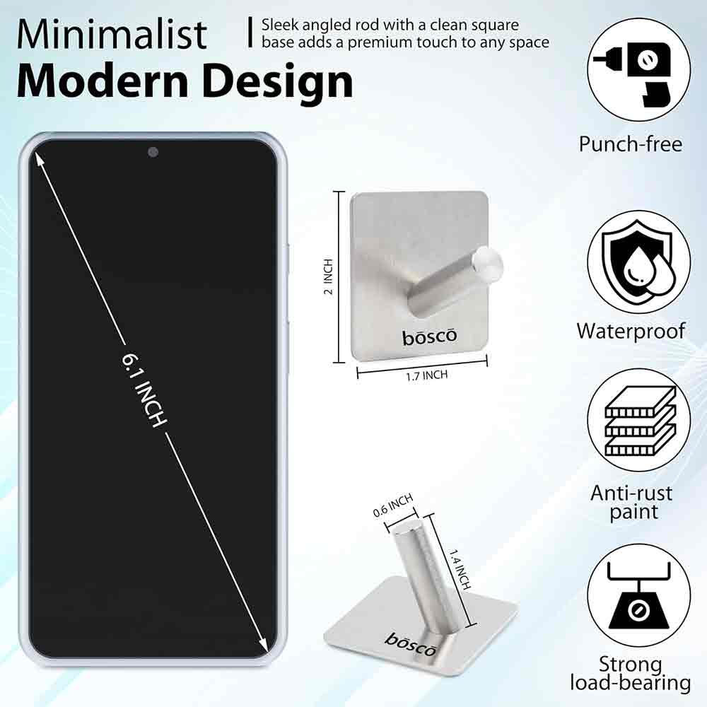 Pack of 4 Steel Self Adhesive Hooks for Wall | Heavy-Duty No-Drill Wall Hooks for Bathroom, Kitchen, Door & Bedroom | Rustproof, Waterproof – Holds Up to 3 kg – Silver Finish