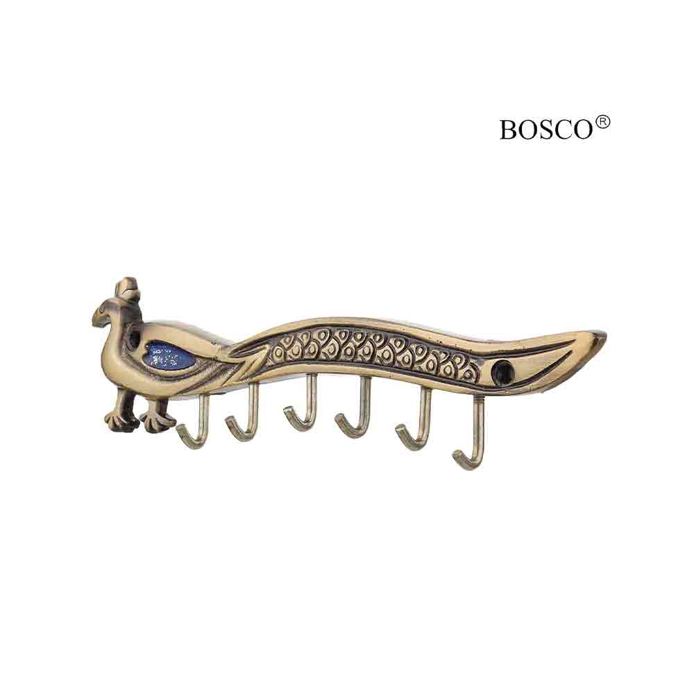 Peacock Key Holder with Antique Brass Finish – Decorative Lord Krishna Flute & Peacock Quills Design Wall-Mounted Key Rack | 5 Hooks for Organized Key Storage | 7.5 Inches