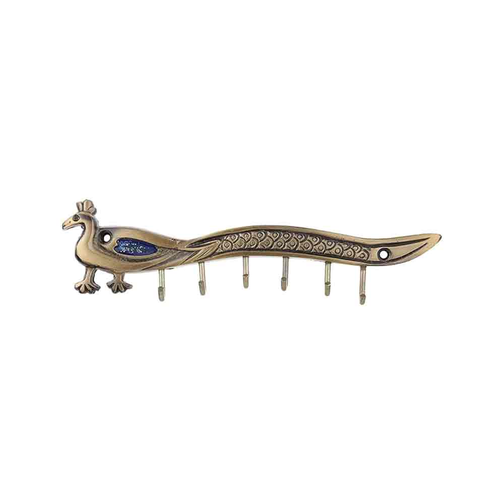 Peacock Key Holder with Antique Brass Finish – Decorative Lord Krishna Flute & Peacock Quills Design Wall-Mounted Key Rack | 5 Hooks for Organized Key Storage | 7.5 Inches