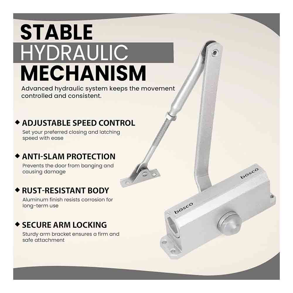 Heavy Duty Aluminium Automatic Hydraulic Double Speed Door Closer | Soft Closing Door Closer for Home and Office |Suitable for Wooden & Aluminium Doors Up to 45 kg (Silver Finish)