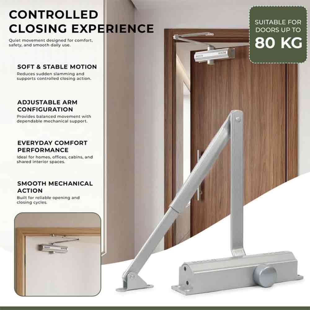 Heavy Duty Aluminium Automatic Hydraulic Double Speed Door Closer | Soft Closing Door Closer for Home and Office |Suitable for Wooden & Aluminium Doors Up to 80 kg (Silver Finish)